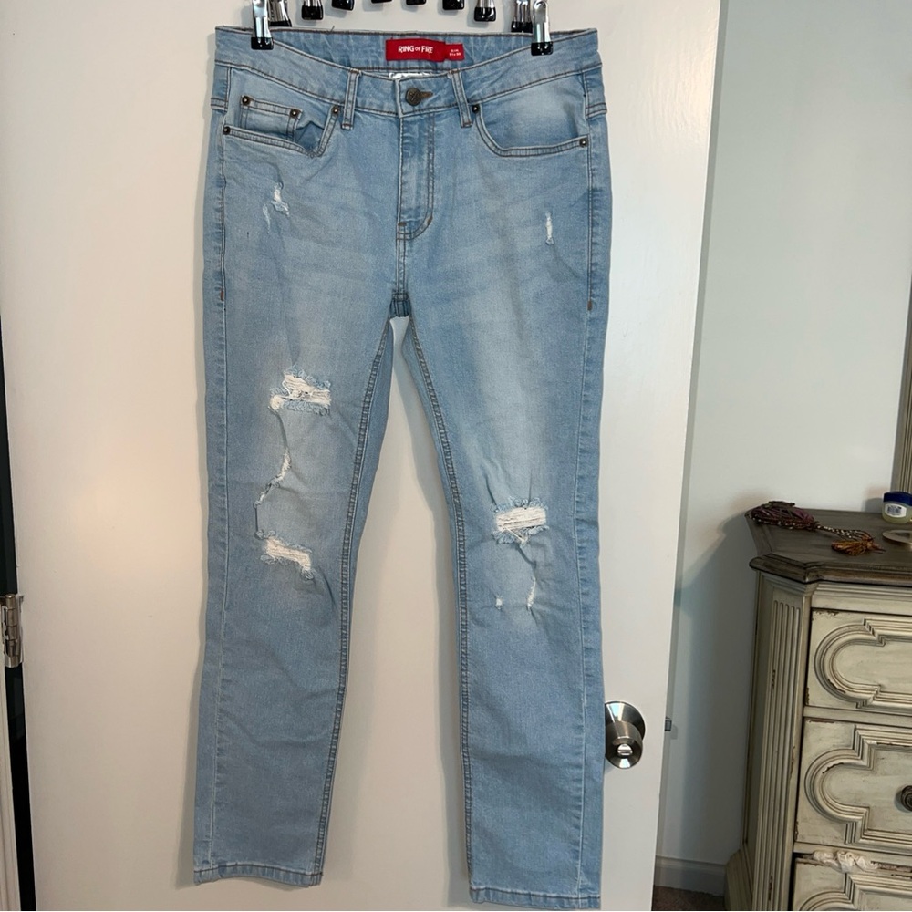 Ring Of Fire Light Wash Distressed Skinny Fit Jeans Men's 31x30 Inseam 29.5